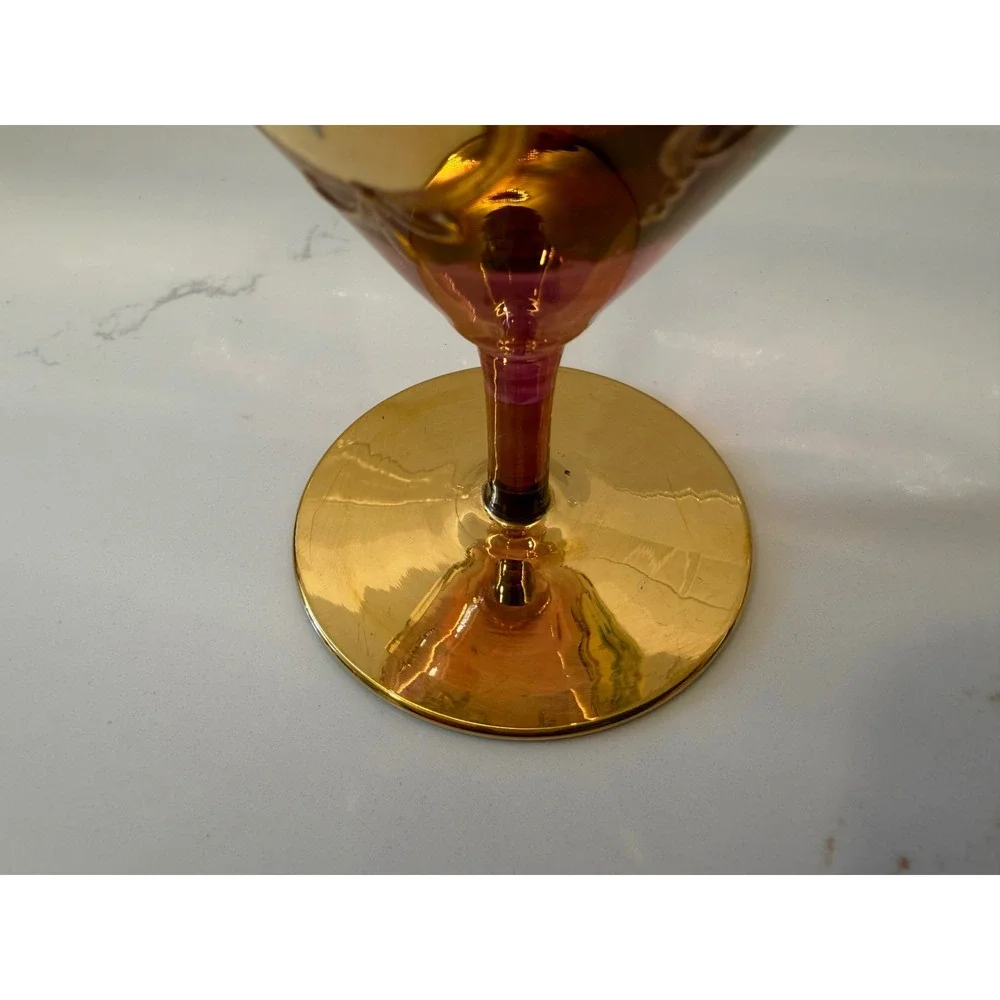 Vtg Murano Cranberry Glass‎ Gold 3D Enamel Floral Martini Goblet Venetian Glass